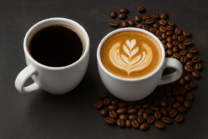 فنجانان من القهوة الساخنة بجانب حبوب البن الكاملة على سطح خشبي أنيق