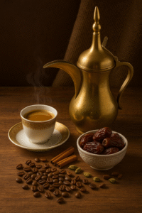 صورة لدلة ذهبية تقليدية مع فنجان قهوة عربية وطبق تمر وحبوب بن وتوابل على طاولة خشبية