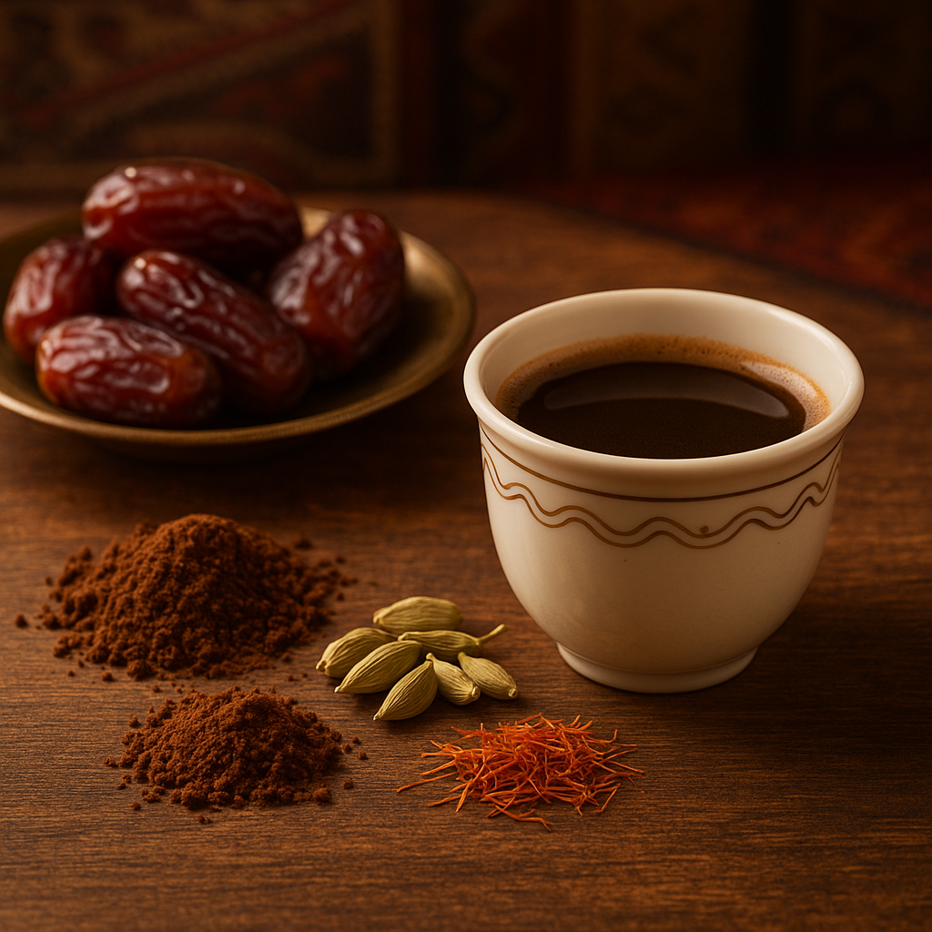 فنجان قهوة عربية مع تمر يقدم على الطاولة