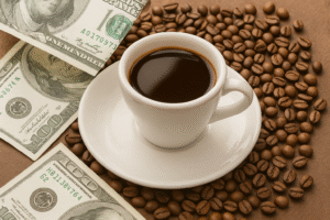 فنجان قهوة فاخرة محاط بحبوب القهوة وأوراق الدولار لتمثيل أغلى أنواع القهوة في العالم