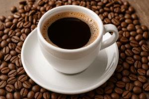 كوب من القهوة الأمريكية الساخنة بجانب حبوب القهوة المحمصة