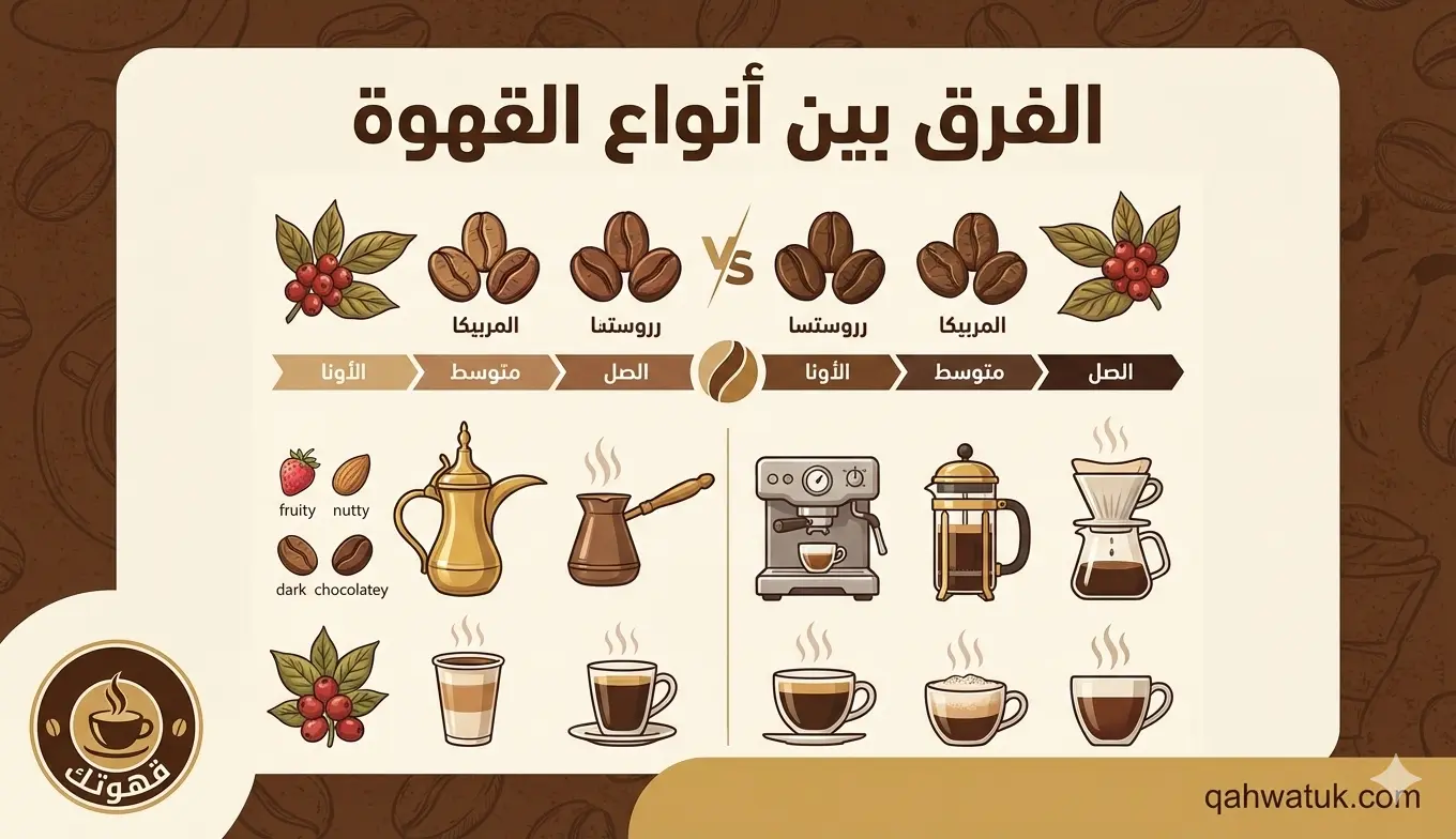الفرق بين أنواع القهوة العربية والإسبريسو من حيث البن وطريقة التحضير ودرجات التحميص